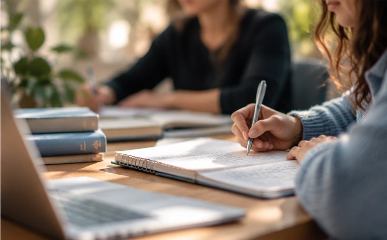 People taking notes and learning together around a table