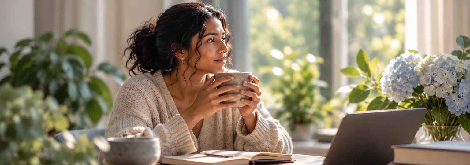 A Sri Lankan woman sitting quietly with a warm drink in natural light