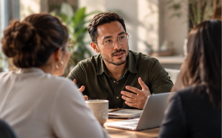 Colleagues engaged in a thoughtful workplace conversation